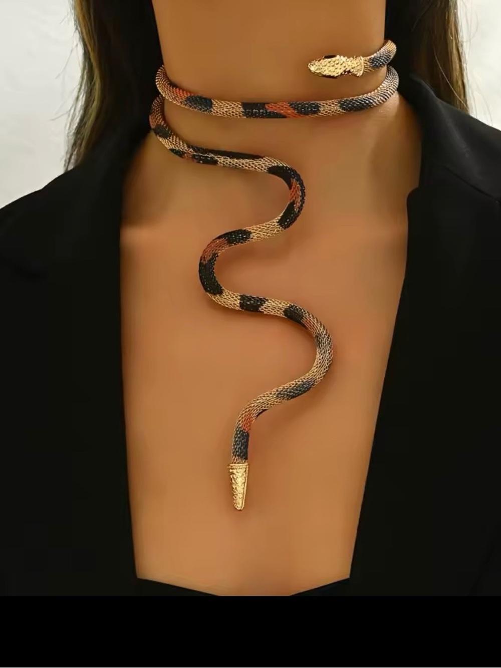 Snake Wrap Choker Necklace in Black, Gold & Tan